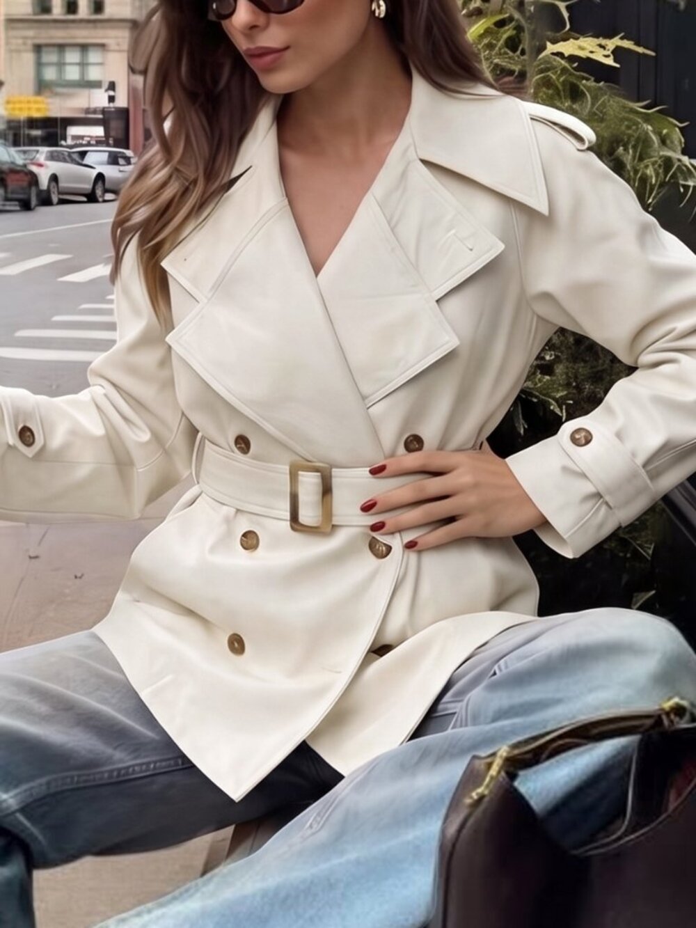 Apricot Elegant Women's Pocket Drop Shoulder Double Breasted Lapel Trench Coat